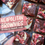 A hand reaching for Neapolitan brownies on a wire cooling rack.