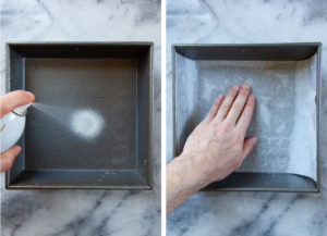 Left image is pan being sprayed with cooking oil. Right image is a hand lining pan with parchment paper.