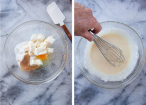 Left image is cream cheese batter ingredients in a bowl. Right image is a hand mixing the cream cheese batter with a whisk.