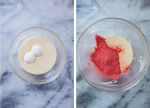 Left image is cream cheese batter with two tablespoons of flour in it. Right image is cream cheese batter with strawberry powder in it.