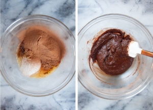Left image is melted butter, cocoa powder, white and brown sugar, salt, espresso powder, vanilla, baking soda in a bowl. Right image is a spatula mixing brown batter ingredients together.