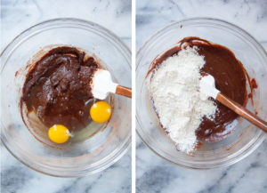 Left image is two eggs added to the bowl with the brownie batter ingredients. Right image is flour added to the bowl with brownie batter ingredients.