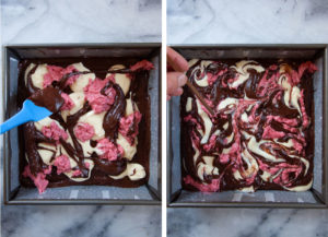 Left image is cheesecake batter being spooned out onto the brownie batter. Right image is a chopstick swirling the batter together.