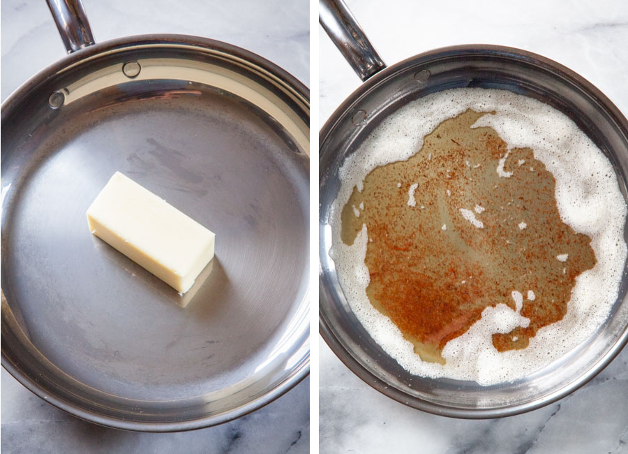 Left image is a stick of butter in a pan. Right image is the a pan of brown butter.