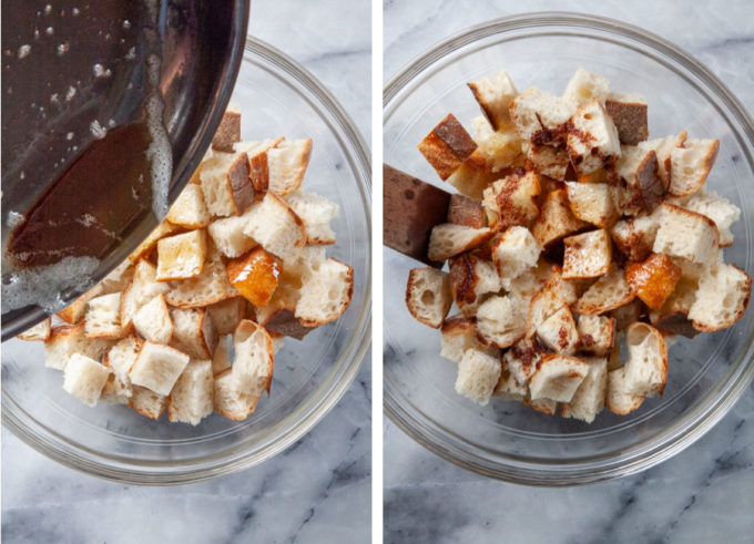 Left image is a skillet of brown butter being poured into a bowl of bread cubes. Right image is the bread cubes tossed and coated with the brown butter.