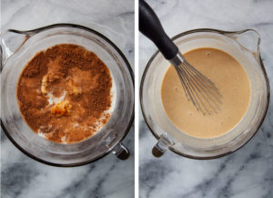 Left image is custard filling ingredients in a large glass bowl. Right image is the custard filling mixed together with a whisk.