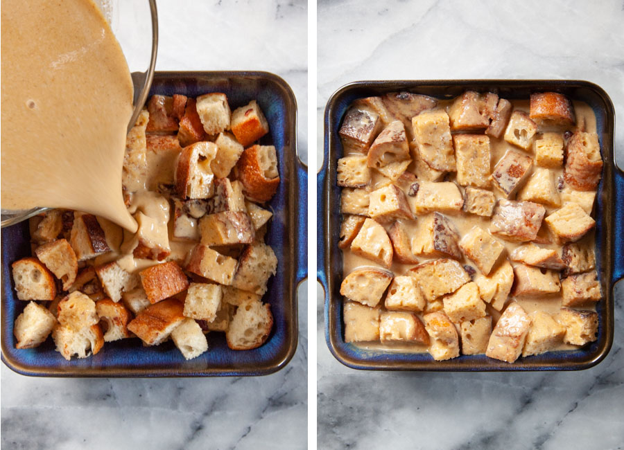 Left image is the custard being poured into the pan filled with bread cubes. Right images is the bread cubes soaking in the custard.