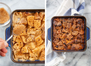 Left image is a hand sprinkling turbinado sugar over the bread pudding. Right image is the bread pudding baked and ready to serve sitting on a kitchen towel.