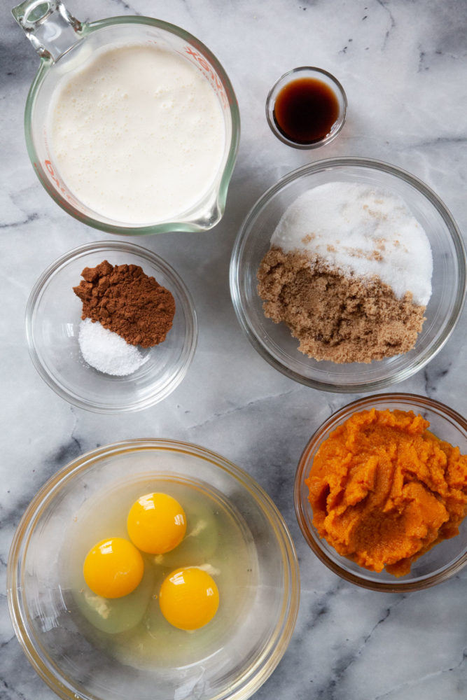 Ingredients for the pumpkin bread pudding custard.