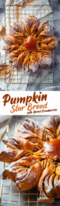 Top Image is a pumpkin star bread on a wire rack with a cloth napkin underneath the rack. Bottom image is a pumpkin star bread on a wire rack.