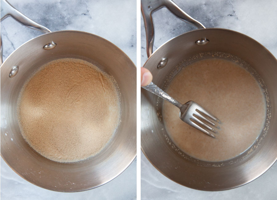 Left image is active dry yeast sprinkled on warm milk in a pan. Right image is a fork stirring and dissolving yeast into the warm milk.