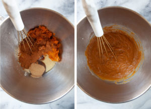 Left image is wet dough ingredients in a mixing bowl with a whisk. Right image is the ingredients whisked together into a uniform mixture.