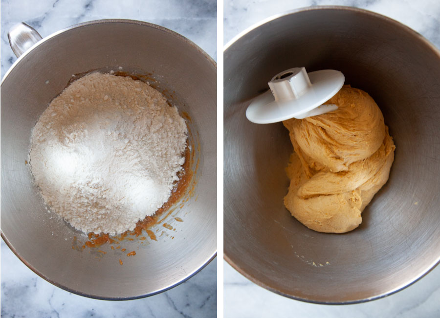 Left image is flour added to the mixing bowl with the wet dough ingredients. Right image is the dough formed and wrapped around the dough hook.