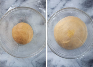Left image is a ball of dough in a glass bowl. Right image is the dough double in size after rising.