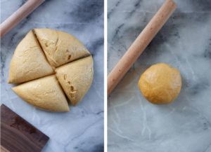 Left image is the dough divided into 4 pieces. Right image is one of the divided pieces of dough formed into a ball.