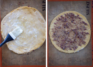 Left image is a brush that is brushing on melted butter over the dough. Right image is the filling sprinkled over the buttered dough.
