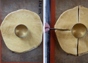 Left image is the stacked dough on a baking sheet with a round cookie cutter in the middle. Right image is a dull butter knife cutting the dough into quarters.