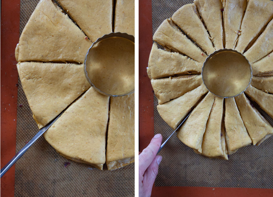 Left image is a knife cutting the star bread into 8ths. Right image is a knife cutting the star bread into 16th pieces.