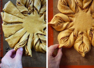 Left image is a hand twisting one strip of dough. Right image is a hand pinching the strips together to form an arm of the star bread.