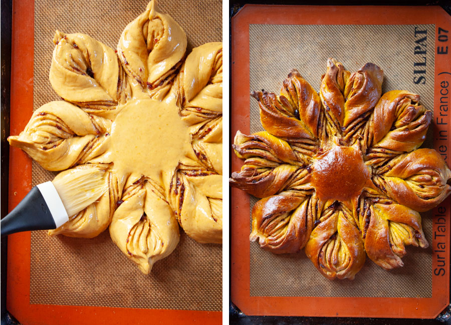 Left image is a brush adding egg wash to the top of the star bread. Right image is the star bread baked on a baking sheet.