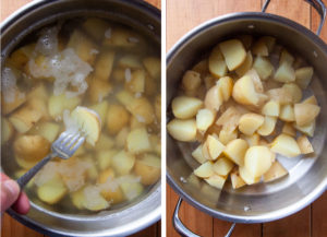 Left image is a fork easily piercing a well cooked cube of potato. Right image is drained potatoes in the still hot pot they were cooked in.