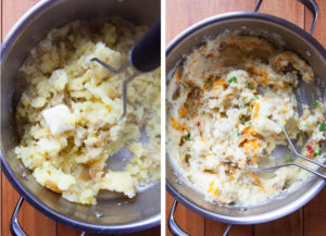 Left image is a potato masher mashing potatoes with 2 tablespoons of butter in the pot. Right image is the potatoes mashed and mixed with cheese, bacon and green onions.