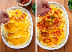 Left image is a hand sprinkling bacon on the baked casserole dish of loaded mashed potatoes. Right image is a hand sprinkling green onions on top of the casserole dish of loaded mashed potatoes.