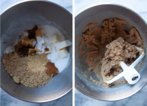 Left image is butter, brown sugar, white sugar, vanilla, cinnamon, ground ginger, baking soda and baking powder in a mixing bowl. Right image is all those ingredients creamed together with a paddle attachment in the bowl.