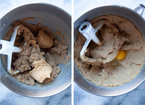 Left image is creamed butter and sugar with miso paste and peanut butter in the bowl. Right image is creamed dough ingredients with an egg in the bowl.