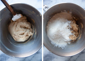 Left image is a spatula in the bowl having scraped down the sides. Right image is flour added to the cookie dough in the mixing bowl.