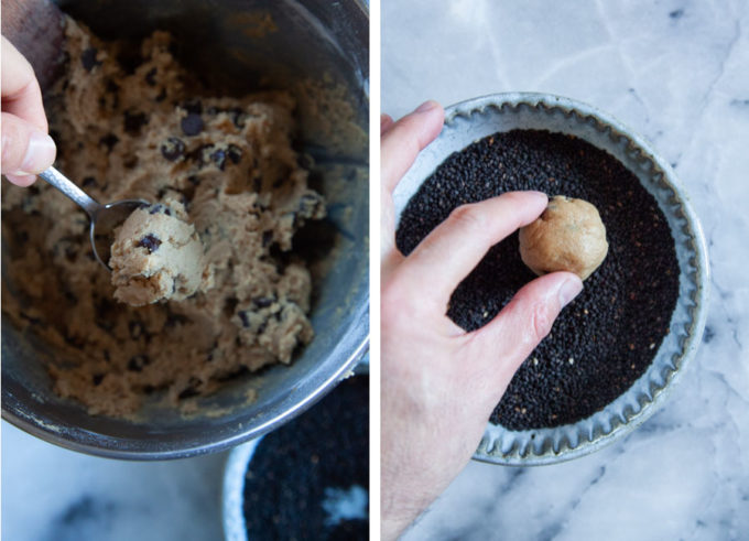 Left image is a hand scooping out some cookie dough. Right image is a hand dipping the cookie dough ball in a bowl of black sesame seeds.