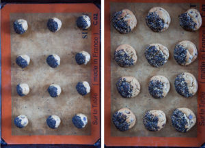 Left image is 12 cookie dough balls on a baking sheet ready to be baked. Right image is 12 baked cookies on a baking sheet.