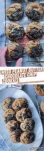Top image is a hand reaching for a miso peanut butter chocolate chip cookie on a wire rack. Right image is a plate of miso peanut butter chocolate chip cookies.