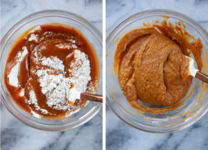 Left image is the dry ingredients added to the wet ingredients. Right image is a silicon spatula folding the batter together.