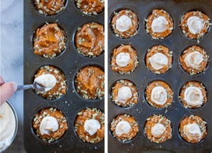 Left image is hand spooning cream cheese filling into the muffin batter. Right image is the muffin tin filled with the pumpkin cream cheese muffins ready to be placed in the oven.