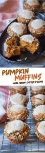 Top image is a pumpkin cream cheese muffin broken in half on a black plate with more whole muffins behind it. Bottom image is pumpkin cream cheese muffins on a wire rack.