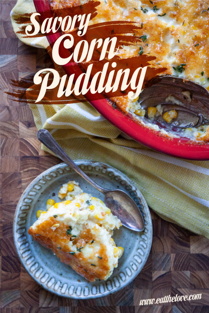 A small bowl with a serving of corn pudding in it, with a casserole dish of the remaining corn pudding next to it.