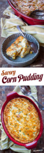 Top image is a serving of corn pudding in a small bowl with the remaining corn pudding in a casserole dish behind it. Bottom image is baked corn pudding in a red casserole dish.