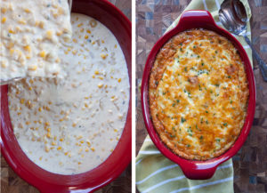 Left image is the corn pudding mixture being added to a casserole dish. Right image is the baked corn pudding in a casserole dish.