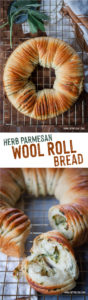 Top image is a whole herb wool roll bread on a wire rack. Bottom image is part of the herb wool roll bread pulled apart to show the fluff interior of the bread.