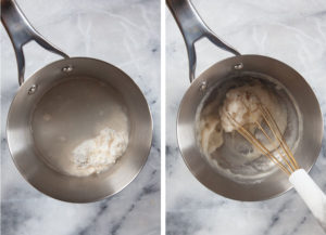 Left image is water and flour in a pan. Right image is water and flour cooked into a paste.