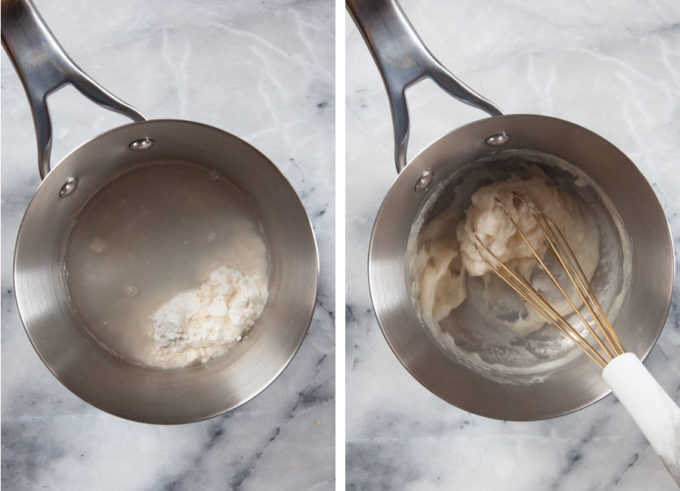 Left image is water and flour in a pan. Right image is water and flour cooked into a paste.