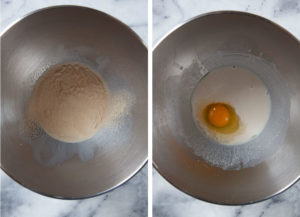 Left image is yeast in a mixing bowl with milk. Right image is an egg added to the liquid.