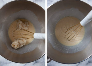 Left image is tangzhou added to the liquid. Right image is a whisk having broken up and incorporated the tangzhou into the liquid.