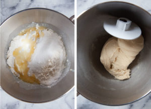 Left image is flour, salt and melted butter added to the liquid. Right image is the kneaded dough wrapped around a dough hook.