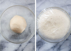 Left image is dough ball in an oiled glass bowl. Right image is the dough double in size and risen.