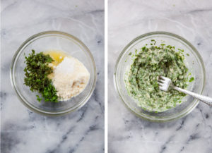 Left image is melted butter, chopped parsley, chopped sage and grated Parmesan in a bowl. Right image is all the ingredients mixed together with a fork.