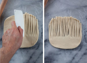 Left image is a hand cutting the dough rectangle into strips on the top 2/3 of the rectangle, leaving the bottom 1/3 part whole. Right image is the rectangular dough cut into strips at the top and whole at the bottom looking like a large comb shape.