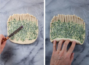 Left image is a hand spreading the filling over the dough. Right image is a hand starting to roll up the dough.