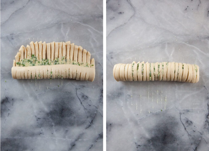 Left image is the dough partially rolled up. Right image is the dough completely rolled up into a log.